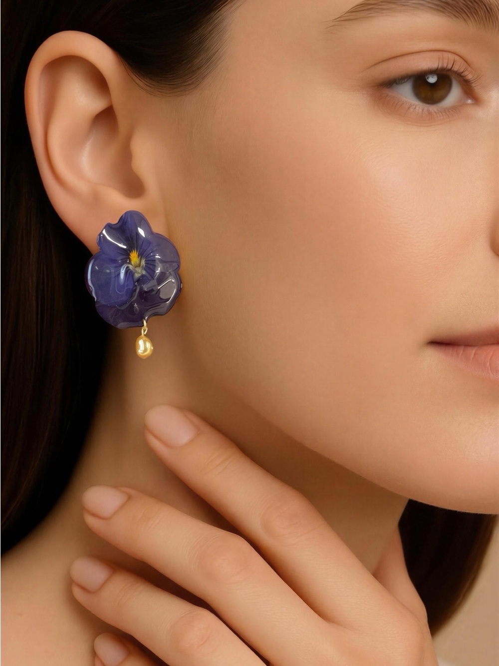 Purple Floral Drop Earrings with Gold Pearl Accent